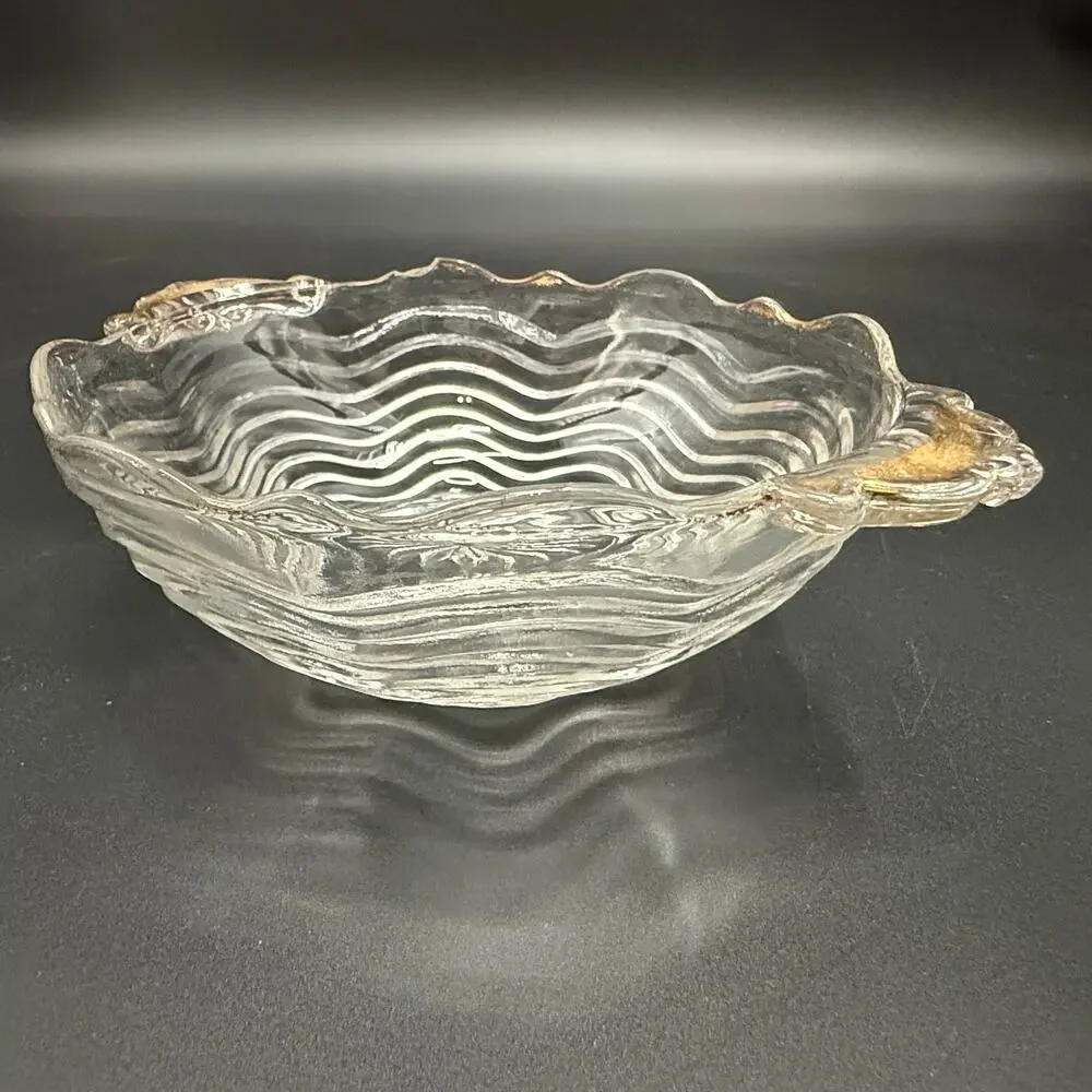 vintage Anchor Hocking gold trim Handled Bowl candy nut dish 17 Clear glassware